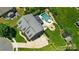 Aerial shot of a home showcasing a pool, hot tub, fire pit, patio, fenced yard, and landscaping at 7903 Tottenham Ct, Waxhaw, NC 28173