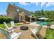 Outdoor entertaining area featuring a fire pit, Adirondack chairs, and backyard with lush landscaping at 7903 Tottenham Ct, Waxhaw, NC 28173