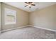 Cozy bedroom featuring neutral paint, plush carpet, a ceiling fan, and natural light creating a serene atmosphere at 12525 Druids Glen Dr, Pineville, NC 28134