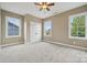 Spacious bedroom with ceiling fan, neutral walls, plush carpet, and large windows that offer plenty of natural light at 12525 Druids Glen Dr, Pineville, NC 28134