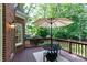 Outdoor deck with seating, umbrella, wooden railing, and view of the wooded backyard at 1587 Summit View Dr, Rock Hill, SC 29732