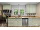 Charming kitchen features mint cabinetry, granite countertops, stainless steel appliances, and a window view at 2034 Lanier Ave, Charlotte, NC 28205