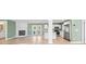 Open-plan area with modern kitchen, stone fireplace and French doors opening to the yard at 3433 Spinner Ct, Sherrills Ford, NC 28673