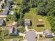 Aerial view of a neighborhood showcasing a home with a large backyard, pond, and play area at 4535 Falls Lake Sw Dr, Concord, NC 28025