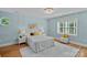 Light-filled bedroom with light blue walls, hardwood floors, and decorative pillows at 1317 Longleaf Ct, Matthews, NC 28104