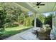 Covered patio with wicker furniture overlooking a lush green backyard and trees at 1908 Masons Bend Dr, Fort Mill, SC 29708