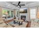 Inviting living room featuring a fireplace, coffered ceilings, and natural light at 615 N Oak Dr, Huntersville, NC 28078