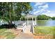 Picturesque lakeside gazebo featuring white railings and a serene view of the water and trees at 9808 Steed Ct, Charlotte, NC 28269