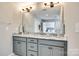 Well-lit bathroom featuring double vanities with granite countertop and modern fixtures at 3041 Winged Teal Ct, Belmont, NC 28012