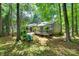 Lush backyard with deck, stone chimney, and a tranquil setting among mature trees at 353 Tall Oaks Trl, Fort Mill, SC 29715