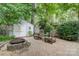 Relaxing backyard with a fire pit, seating area, shed, and lush landscaping at 9011 Brad Ct, Matthews, NC 28104
