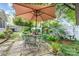 Outdoor patio area with dining table, chairs, and umbrella surrounded by a lush garden at 9011 Brad Ct, Matthews, NC 28104