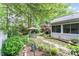 Beautiful backyard with patio table and chairs, surrounded by mature trees and landscaping at 9011 Brad Ct, Matthews, NC 28104