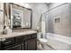 A bathroom features granite countertops, shower and tub combination, and neutral walls at 16547 Bastille Dr, Charlotte, NC 28278