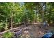 Backyard fire pit featuring a swing and shaded seating, surrounded by mature trees at 16547 Bastille Dr, Charlotte, NC 28278