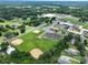 Overhead perspective of a neighborhood with baseball fields, schools, and residential houses with lush landscaping at 357 N Main St, Mount Pleasant, NC 28124