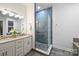 Modern bathroom with double vanity, granite countertops, blue tiled walk-in shower, and neutral wall paint at 3519 Card St, Charlotte, NC 28205