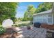 Paver patio and lush lawn meet in this backyard with storage shed; ideal for outdoor enjoyment at 4526 Longwood Dr, Charlotte, NC 28209