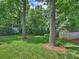 Lush backyard featuring a well-maintained lawn, mature trees, and a storage shed at 5436 Topping Pl, Charlotte, NC 28209