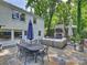 Backyard patio with fireplace, dining table and lush landscape at 5436 Topping Pl, Charlotte, NC 28209