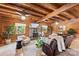 Cozy living room with a stone fireplace, wooden walls, and hardwood floors at 6836 Summer Hill Dr, Denver, NC 28037