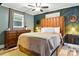 Bedroom with green accent wall, dark wooden dresser, and matching bedside tables at 840 10Th Street Nw Blvd, Hickory, NC 28601