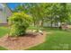 Green lawn with a few shade trees and rock landscaping features in the backyard at 9040 Scottsboro Dr, Huntersville, NC 28078