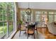 A dining room with hardwood floors, a pendant light, and a wall of windows at 9040 Scottsboro Dr, Huntersville, NC 28078