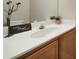 A bathroom vanity with a white countertop, wood cabinets, mirror, and décor at 10078 Pergola View Ct, Charlotte, NC 28213