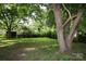 Lush backyard with mature trees and a storage shed, offering privacy and a peaceful outdoor setting at 1227 Flowe Dr, Matthews, NC 28104