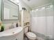 Bathroom featuring mint walls, a shower with white curtain, and an elegant white vanity at 1252 Winding Path Rd, Lake Wylie, SC 29710