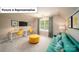 Well-lit bonus room featuring two desks, yellow chairs, a turquoise sofa, and large window at 4266 Sylvan Pond Ct, Denver, NC 28037