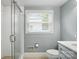 Bathroom featuring a glass-enclosed shower and updated vanity at 5229 Milford Rd, Charlotte, NC 28210