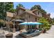 A lush backyard features a patio with an outdoor kitchen, lounge area, and string lights at 849 Savile Ln, Fort Mill, SC 29715