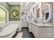 Bathroom featuring double vanities, granite countertops, and modern lighting at 849 Savile Ln, Fort Mill, SC 29715