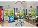 Elegant living room with vaulted ceilings, large windows, stylish blue curtains, and comfortable upholstered seating at 849 Savile Ln, Fort Mill, SC 29715