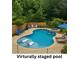 A virtually staged in-ground pool features a hot tub, lounge chairs, fountains, and shade trees at 849 Savile Ln, Fort Mill, SC 29715
