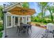 Outdoor deck with seating and umbrella, overlooking a landscaped backyard with mature trees at 1040 Goshen Pl, Charlotte, NC 28211