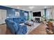 Bright and cozy living room with a blue sofa, decorative rug, fireplace, and large-screen TV at 1115 Macallum Nw Dr, Concord, NC 28027