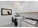 Laundry room featuring new appliances, ample cabinet space, stylish tile, and a utility sink at 2541 Mabel Ln, Monroe, NC 28110