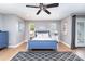Spacious bedroom features a blue frame bed, wood floors, natural light and calming gray walls at 501 Mercury St, Charlotte, NC 28205