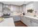 Beautiful kitchen features white countertops, tile backsplash, gray cabinets, and stainless steel appliances at 5701 Cedar Hill Dr, Monroe, NC 28110