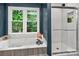 Modern bathroom featuring a tiled shower and a tub with a bright window view at 8300 Quarters Ln, Mint Hill, NC 28227