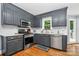 Well-equipped kitchen with stainless steel appliances, gray cabinets, and white tile backsplash at 8300 Quarters Ln, Mint Hill, NC 28227