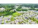 Aerial view of a community showing tree lined streets, green spaces, and a community pool at 8420 Golden Stone Ln # 138, Fort Mill, SC 29707