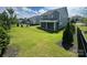 Well-maintained backyard features a screened porch, lush green lawn and manicured landscaping at 8420 Golden Stone Ln # 138, Fort Mill, SC 29707