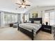 Spacious main bedroom with vaulted ceiling, ceiling fan, and large windows with plantation shutters at 1118 Yale Pl, Charlotte, NC 28209
