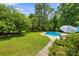 A beautiful backyard with green grass, a swimming pool and large shade trees at 1252 Wendy Rd, Rock Hill, SC 29732