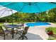Outdoor dining area with a table, chairs, umbrella and a swimming pool at 1252 Wendy Rd, Rock Hill, SC 29732