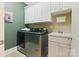 Functional laundry room with a washer, dryer, white cabinetry, and utility sink at 132 Ragsdale Trl, Mooresville, NC 28117
